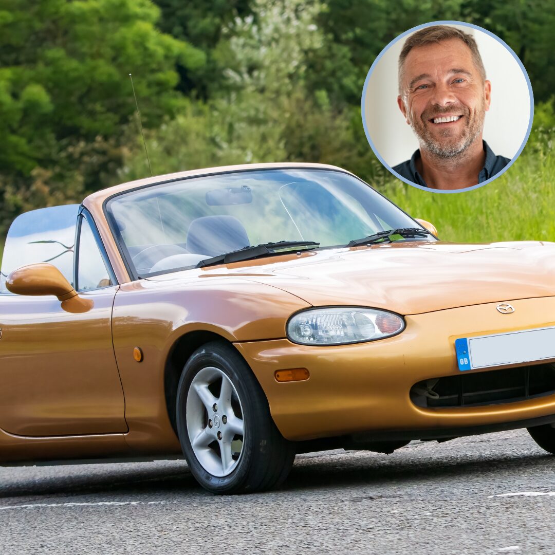 A graphic of a 1998 Mazda MX-5 with a photo of a man.