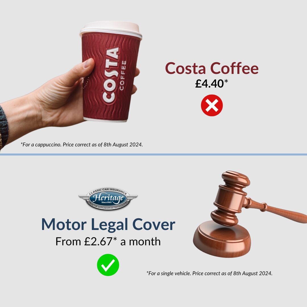 An infographic showing the cost of Motor Legal Cover (£2.67) vs a Costa Coffee (£4.40).